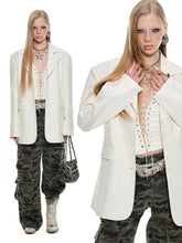 Black & White Floral Embroidered Leather Blazer